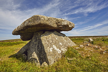 Granite blocks in the prehistoric remains of a Neolithic burial chamber, Chun Quoit, near Morvah, near Penzance, in the west of Cornwall, England, United Kingdom, Europe