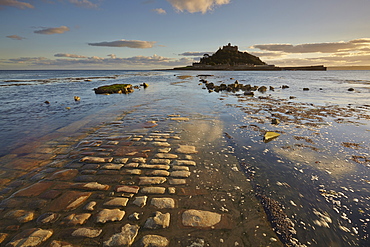 An evening view of St. Michael's Mount, one of Cornwall's most iconic landmarks, in Marazion, near Penzance, in west Cornwall, England, United Kingdom, Europe