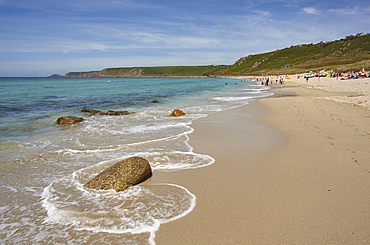 The huge beach at Whitesand Bay, at Sennen Cove, with Cape Cornwall in the distance, on the Atlantic coast of west Cornwall, England, United Kingdom, Europe