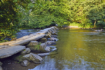 The prehistoric slab stone bridge, Tarr Steps, crossing the River Barle, near Dulverton, in Exmoor National Park, Somerset, England, United Kingdom, Europe