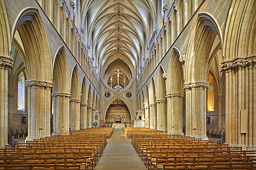 The central nave in historic Wells Cathedral, in Wells, Somerset, England, United Kingdom, Europe