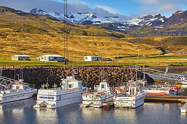 Fishing boats in the harbour at Grundarfjordur, with a mountainous backdrop, on the Snaefellsnes peninsula, west Iceland, Polar Regions