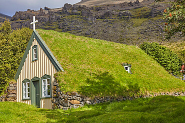 Historic Icelandic architecture, an 18th century church at Litla Hof, near Skaftafell, near the south coast of Iceland, Polar Regions