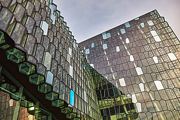 Geometric shapes in the windows of the very modern Harpa Concert Hall, in Reykjavik, southwest Iceland, Polar Regions