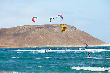 Kite-surfing at Costa da Fragata beach, on the east coast of Sal, Cape Verde Islands, Atlantic, Africa