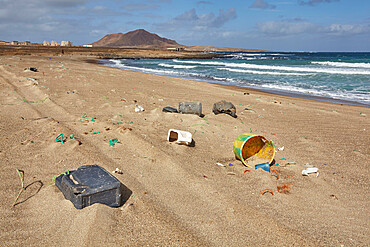 Plastic pollution on the beach at Baia Parda, east coast of Sal, Cape Verde Islands, Atlantic, Africa