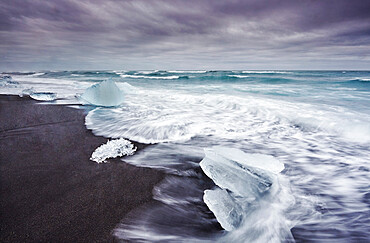 Ice on the seashore outside the Jokulsarlon lagoon, Jokulsarlon, Vatnajokull National Park, south coast of Iceland, Polar Regions