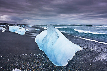 Ice on the seashore outside the Jokulsarlon lagoon, Jokulsarlon, Vatnajokull National Park, south coast of Iceland, Polar Regions