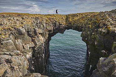 A basalt lava arch in the cliffs at the village of Arnastapi, Snaefellsjokull National Park, Snaefellsnes peninsula, west coast of Iceland, Polar Regions