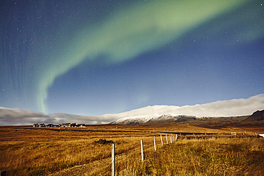 Northern Lights (Aurora Borealis) over countryside around the village of Hellnar, in Snaefellsjokull National Park, on the Snaefellsnes peninsula, west coast of Iceland, Polar Regions