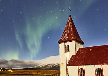 Night sky and Northern Lights (Aurora Borealis) over the church in the village of Hellnar, in Snaefellsjokull National Park, Snaefellsnes peninsula, west coast of Iceland, Polar Regions