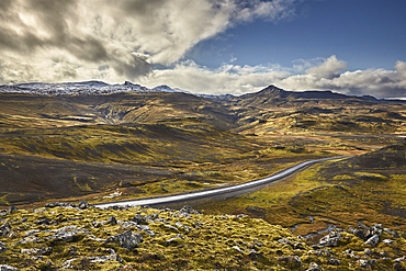 The mountains and snows of Snaefellsjokull, mountain at the heart of Snaefellsjokull National Park, seen from Valafell mountain pass, near the town of Olafsvik, Snaefellsnes peninsula, west coast of Iceland, Polar Regions