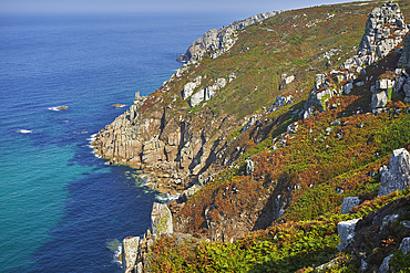 The wild and rugged granite cliffs of Cornwall's Atlantic coast seen in summer, near Pendeen, in the far west of Cornwall, England, United Kingdom, Europe