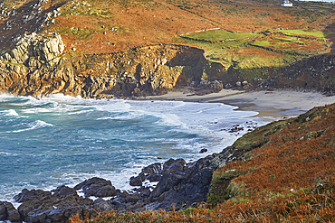 The cliffs and sands of Portheras Cove, a remote beach near Pendeen, on the rugged Atlantic cliffs of the far west of Cornwall, England, United Kingdom, Europe