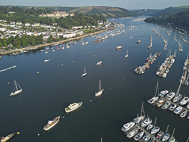 An aerial view of the estuary of the River Dart, with the towns of Dartmouth on the left and Kingswear on the right, south coast of Devon, England, United Kingdom, Europe