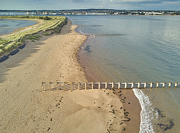 Aerial view of the mouth of the River Exe, seen from above Dawlish Warren and looking towards the town of Exmouth, Devon, England, United Kingdom, Europe