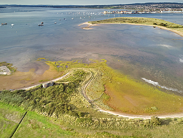 Aerial view of the mouth of the River Exe, seen from above Dawlish Warren and looking towards the town of Exmouth, Devon, England, United Kingdom, Europe