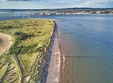 Aerial view of the mouth of the River Exe, seen from above Dawlish Warren and looking towards the town of Exmouth, Devon, England, United Kingdom, Europe