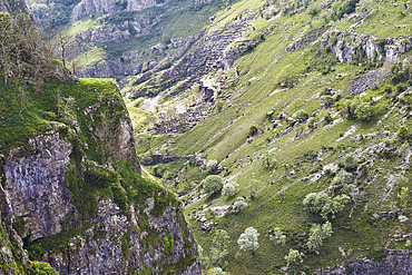 A view across the cliffs of Cheddar Gorge, seen from the south side, Cheddar, Somerset, England, United Kingdom, Europe