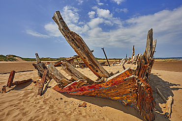 The remains of a wrecked boat on sand flats at Crow Point, in the Taw and Torridge estuary, near Barnstaple, north Devon, Great Britain.