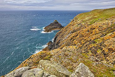 The cliffs at Skomer Head, on the west coast of Skomer Island, a nature reserve off the coast of Pembrokeshire, Wales, United Kingdom, Europe