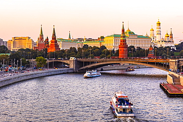 Moscow River and the Kremlin, UNESCO World Heritage Site, in early evening light, Moscow, Russia, Europe