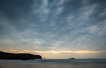 Am Buachaille sea stack at sunset, Sandwood Bay, Sutherland, Scotland, United Kingdom, Europe