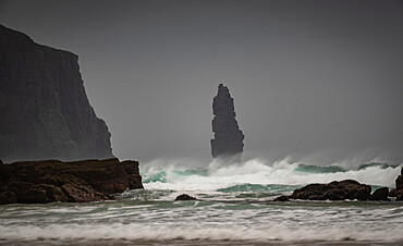 Am Buachaille sea stack at dawn, Sandwood Bay, Sutherland, Scotland, United Kingdom, Europe