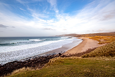 Sandwood Bay, with Cape Wrath in far distance, Sutherland, Scotland, United Kingdom, Europe