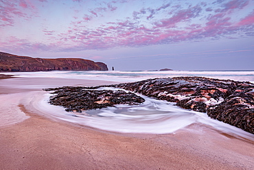 Sandwood Bay at sunrise, with Am Buachaille sea stack in far distance, Sutherland, Scotland, United Kingdom, Europe