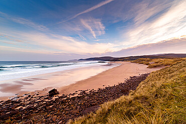 Sandwood Bay in the early morning, with Cape Wrath in far distance, Sutherland, Scotland, United Kingdom, Europe