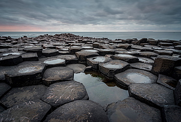 Basalt columns of the Giant's Causeway at sunset, UNESCO World Heritage Site, County Antrim, Northern Ireland, United Kingdom, Europe