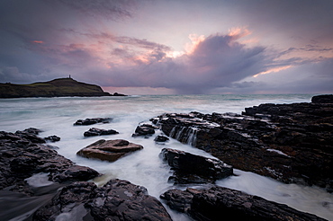 Cape Cornwall, as seen from Kenidjack Valley at sunset with stormy sky, Cornwall, England, United Kingdom, Europe