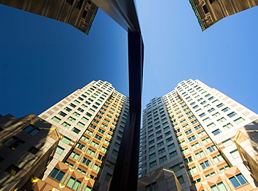 Looking up through Boston skyscrapers, Boston, Massachusetts, United States of America, North America