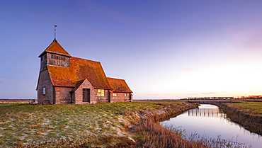 Fairfield Church (St. Thomas a Becket Church) at dawn, Romney Marsh, near Rye, Kent, England, United Kingdom, Europe