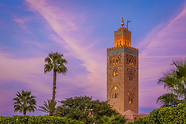 The minaret of the Koutoubia Mosque at twilight, Marrakech, Morocco, North Africa, Africa