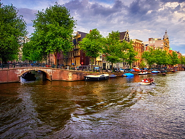 Sunset view of a canal, Amsterdam, The Netherlands, Europe