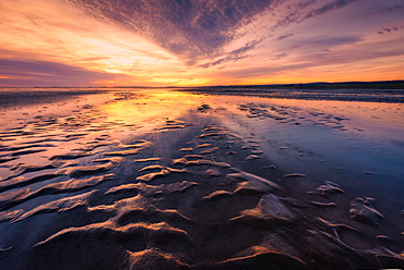 Holy Island Causeway at sunrise, Lindisfarne, Northumberland, England, United Kingdom, Europe