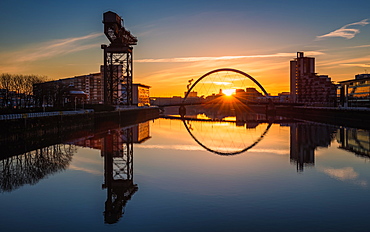 Sunrise at the Clyde Arc (Squinty Bridge), Pacific Quay, Glasgow, Scotland, United Kingdom, Europe