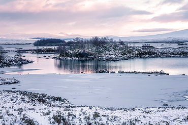 Loch Ba in winter snow at sunrise, Rannoch Moor, Highlands, Scotland, United Kingdom, Europe