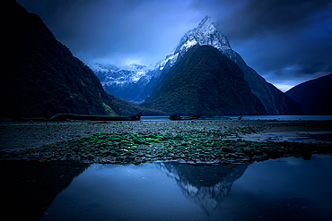 Milford Sound at twilight, Fiordland National Park, UNESCO World Heritage Site, South Island, New Zealand, Pacific