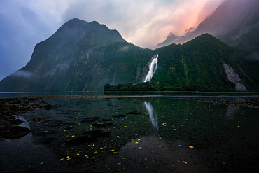 Lady Bowen Falls at sunrise, Milford Sound, Fiordland National Park, UNESCO World Heritage Site, South Island, New Zealand, Pacific