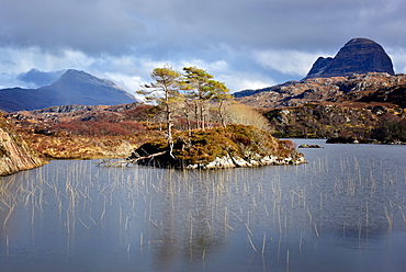 Two mountains of Silvan and Canisp from Loch Druim Suardalain, Sutherland, Scotland, United Kingdom, Europe