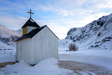 The Little White Church, Unstad Beach, Lofoten Islands, Nordland, Norway, Europe