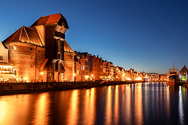 Medieval Port Crane Zuraw at twilight, Motlawa River, Gdansk, Poland, Europe