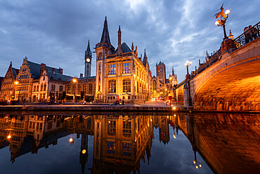 Old Post Office and St. Nicholas' Church from the side of Michielsbrug (St. Michael's bridge), Ghent, Flanders, Belgium, Europe