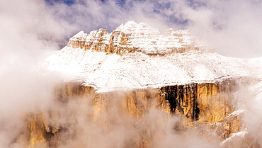 Winter arrives at Sass Pordoi, Passo Pordoi, Dolomites, Italy, Europe