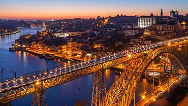 Porto with bridge Ponte Dom Luis I over river Douro at night, Porto, Portugal, Europe