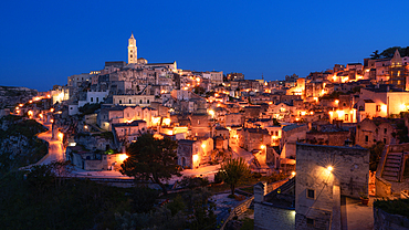 City view of Matera at night, Matera, Basilicata, Italy, Europe