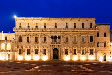 Palace in Piazza del Duomo square of Lecce at blue hour, Salento, Apulia, Italy, Europe